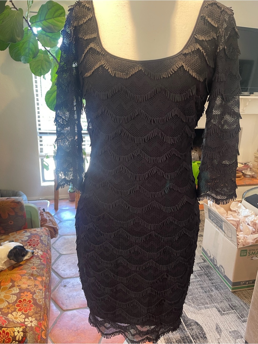 2014 Guess Black Scalloped Eyelash Bodycon Gold Zip Back Dress